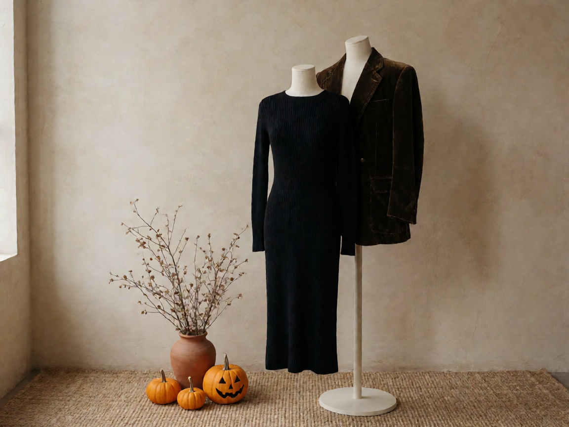 Robe en maille noire et blazer en velours vintage sur un buste, citrouilles et vase en terre cuite