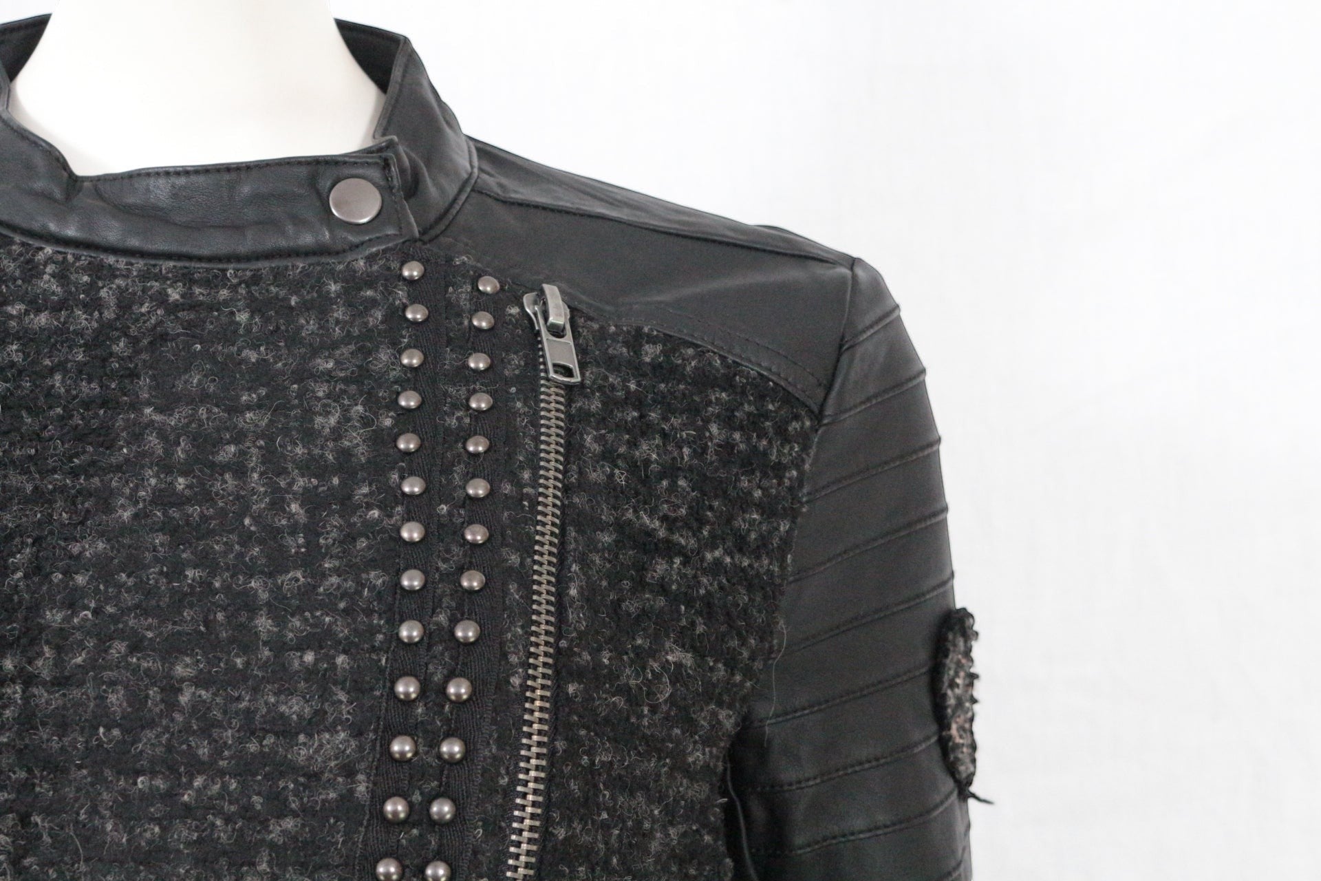 Veste Biker Tweed & Simili Cuir Cloutée Zip Asymétrique Femme