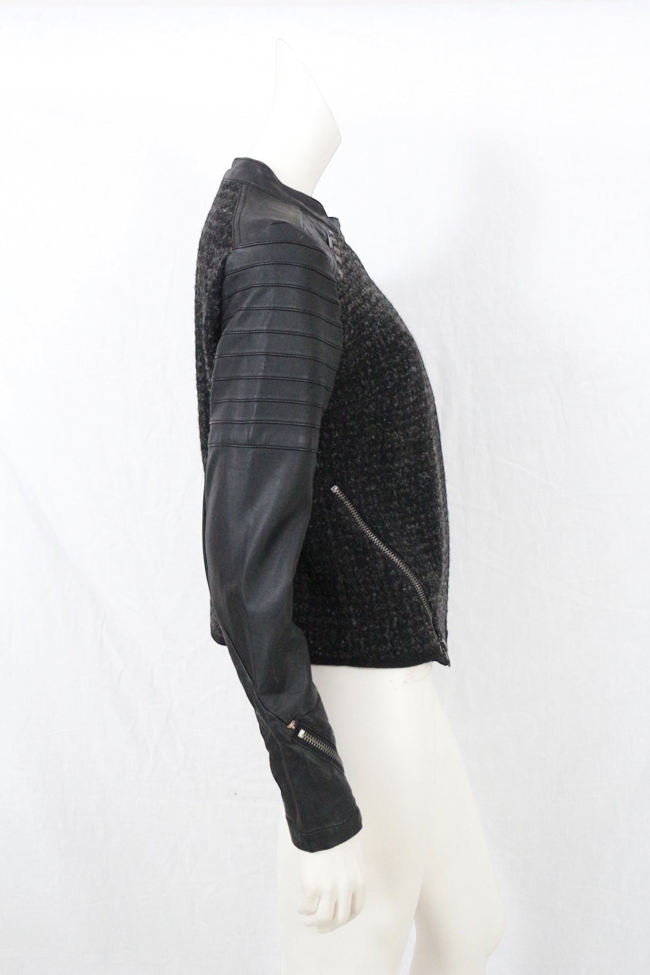 Veste Biker Tweed & Simili Cuir Cloutée Zip Asymétrique Femme 4