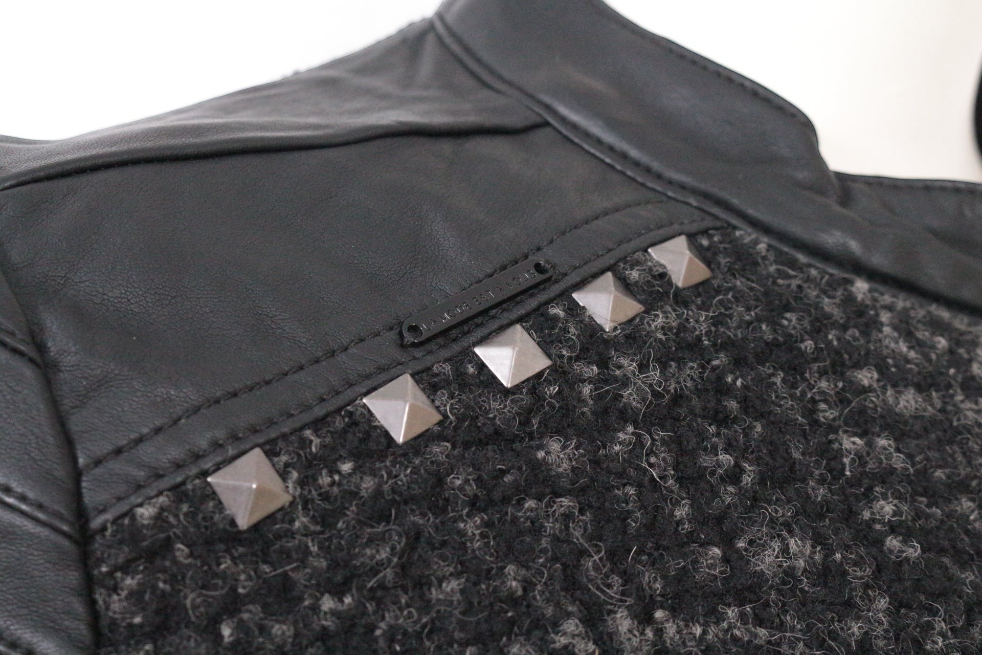 Veste Biker Tweed & Simili Cuir Cloutée Zip Asymétrique Femme 5