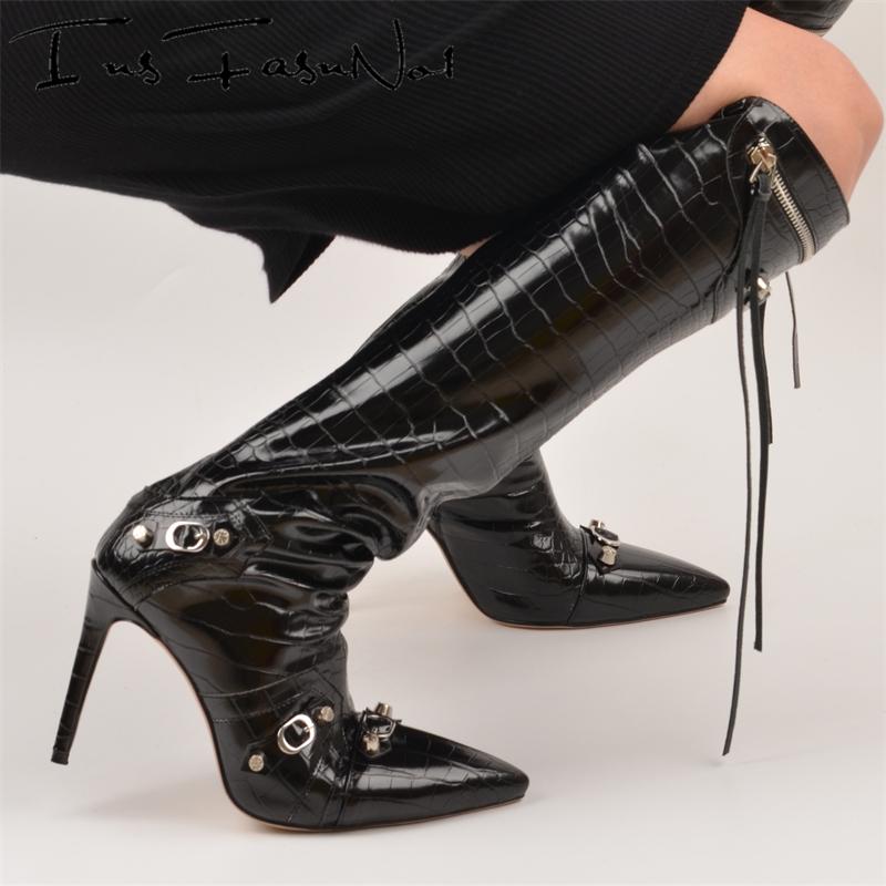Bottes hautes punk à talon aiguille et rivets, zip latéral, noir 7