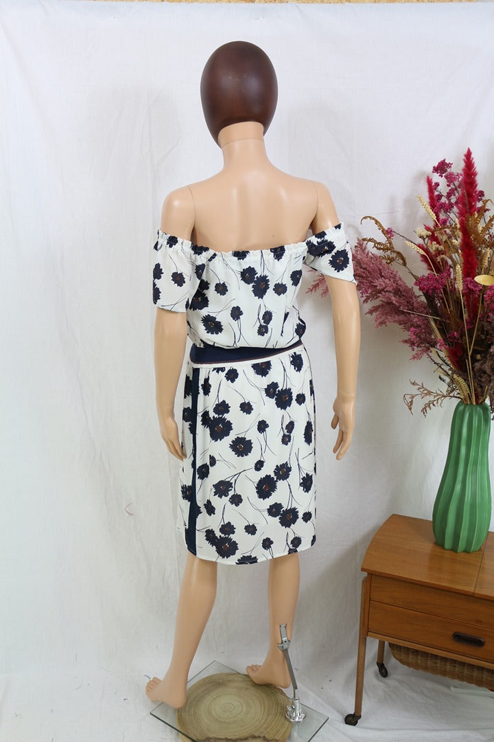 Robe midi Marie Méro blanc bleu motif floral col bateau T36 7