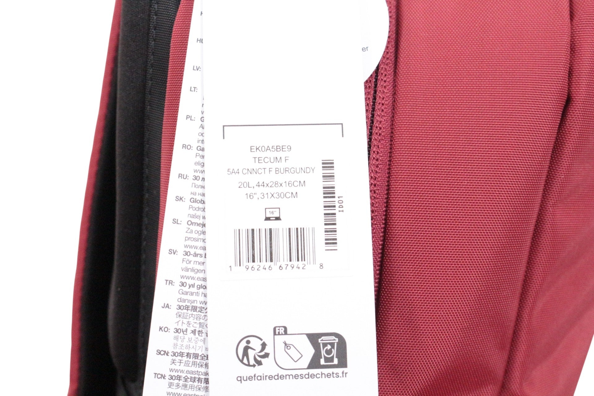 Sac à Dos Eastpak Tecum 20L Rouge Bordeaux – Compartiment PC 16" – 44 x 28 x 16 cm – Neuf avec Étiquette 7