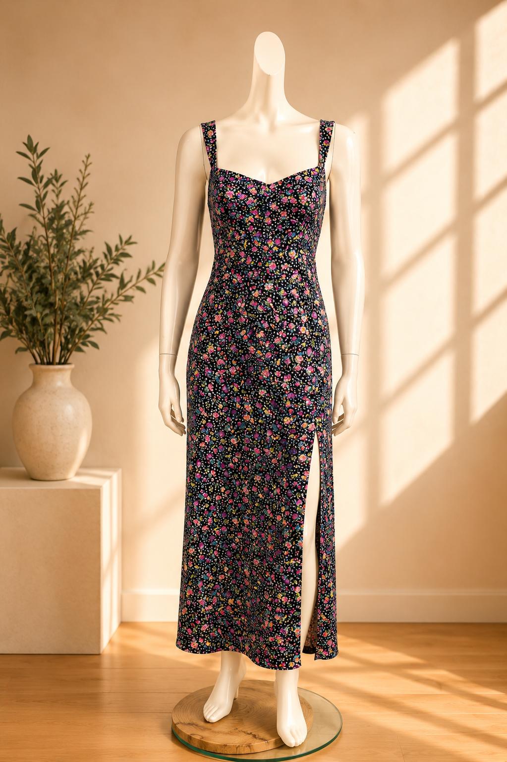 Robe longue Zara fleurie fendue noir & rose 🌸 Taille S Neuve avec étiquette