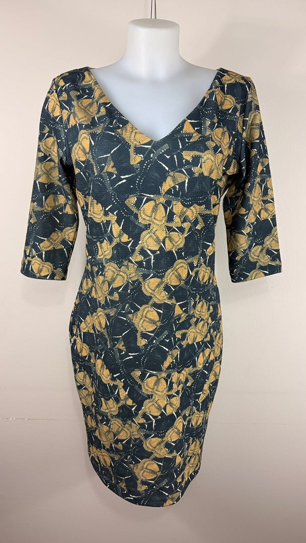 Robe midi La Fée Maraboutée noire jaune motif graphique taille 40
