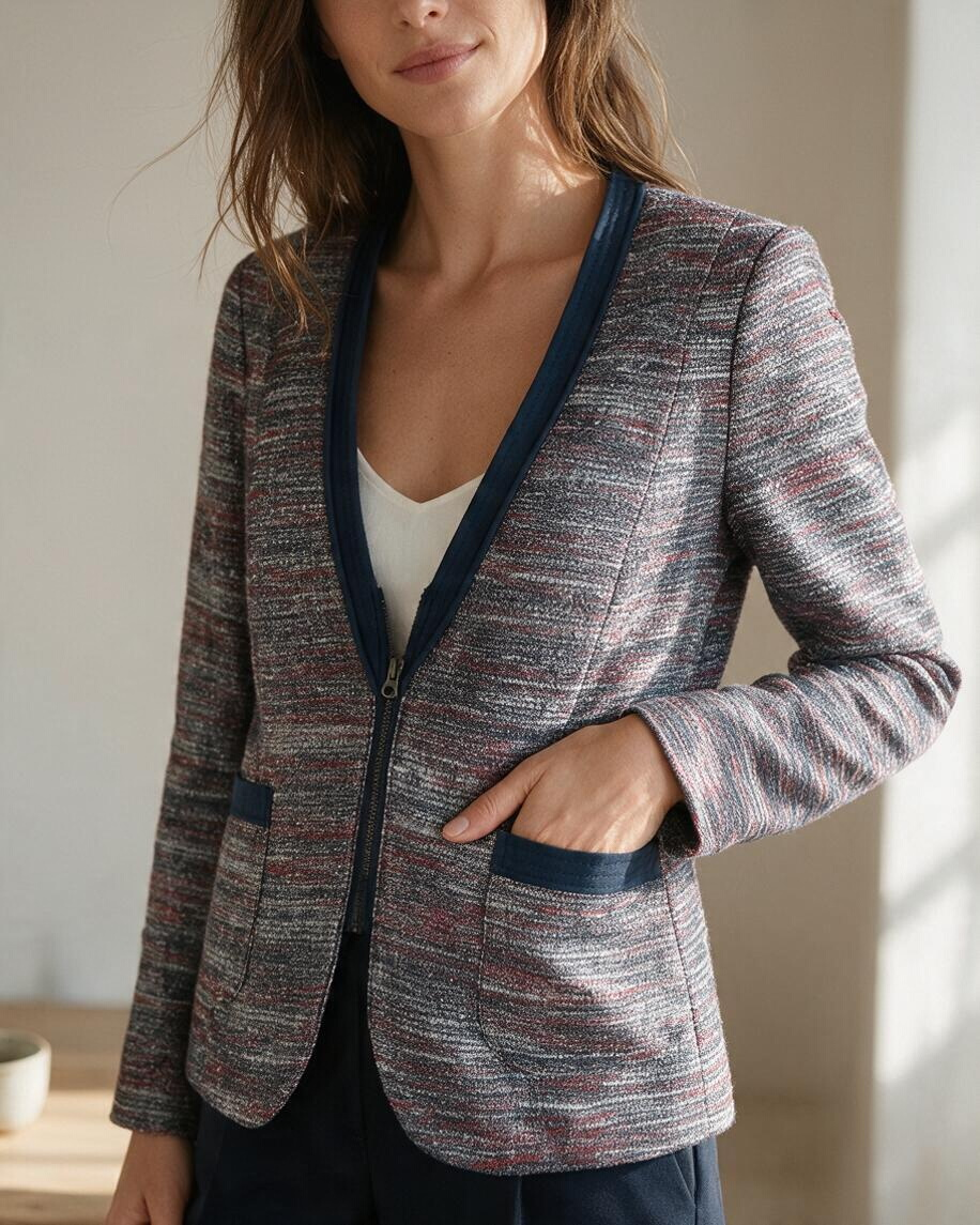 edc Veste tweed zippée col V marine rouge argenté XXL