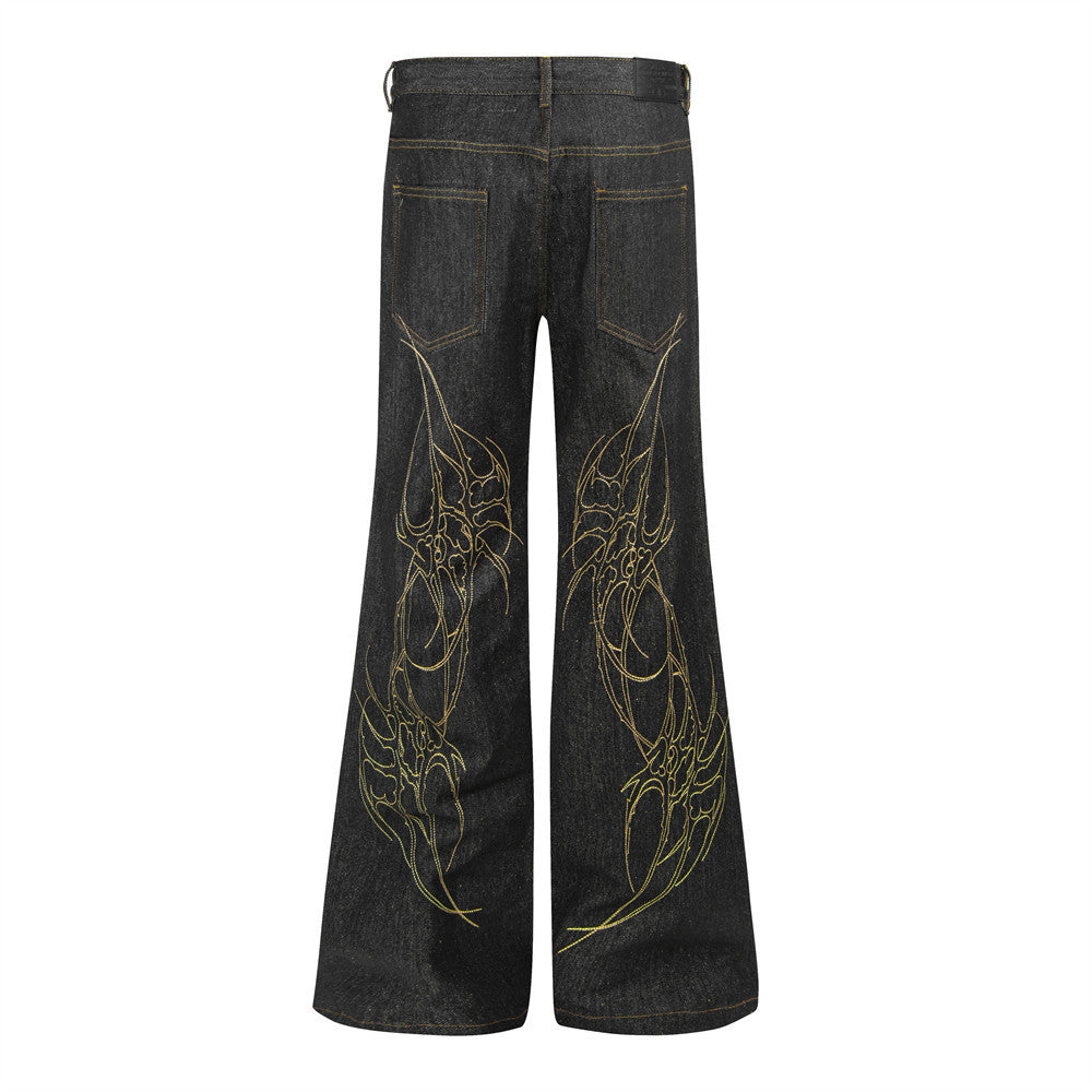 Men's High Street Raw Denim Micro Flare Jeans with Floral Embroidery, Custom Wide Leg Casual Pants