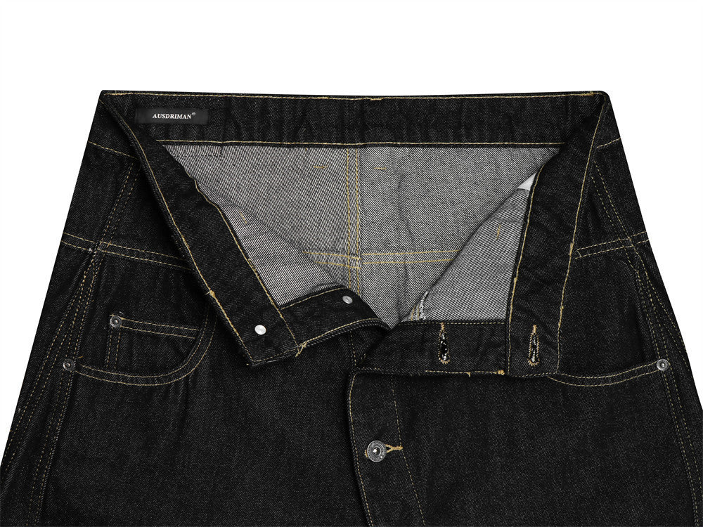 Pantalon carotte en denim brut déstructuré pour homme, empiècements en biais et coutures contrastées 13