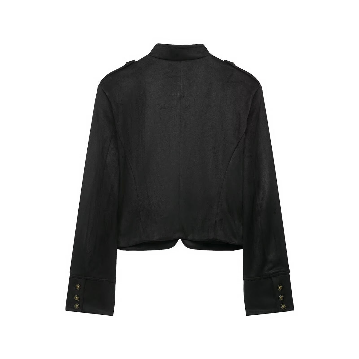 Veste courte zippée à col rond et effet daim, noire, pour femme 3