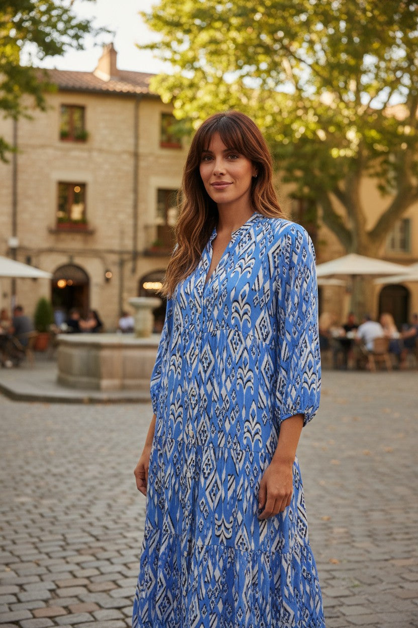 Zara Robe longue Viscose Bleu, Crème S  Neuf