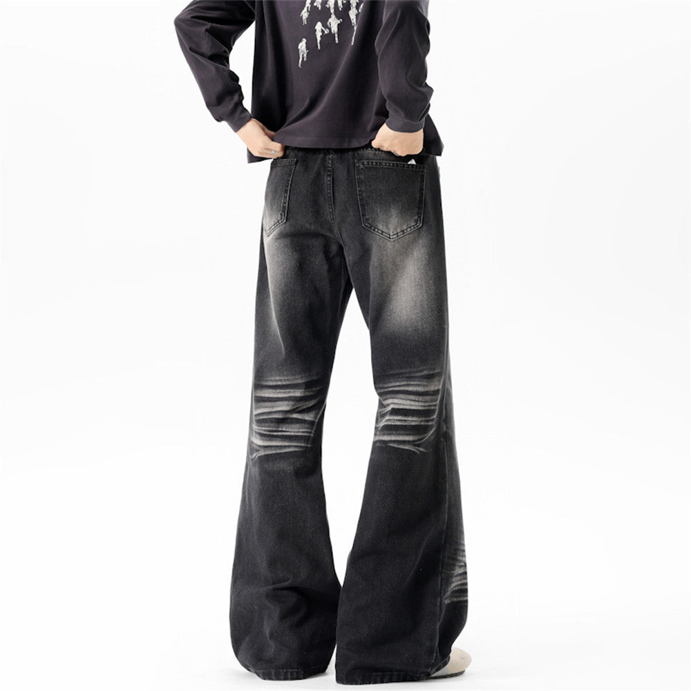 Pantalon évasé en denim délavé pour homme, rivets vintage et jambes larges plissées 4