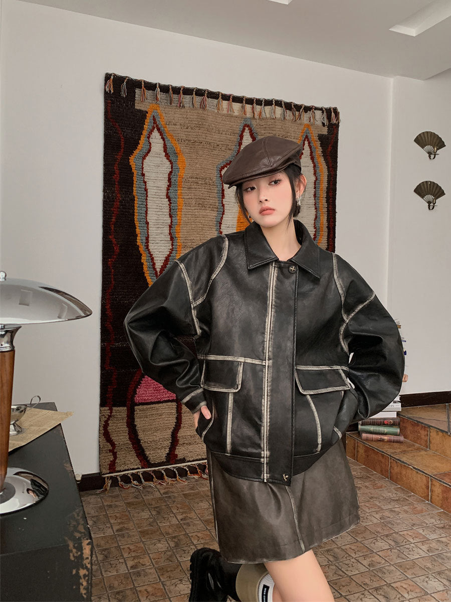 Veste oversize en simili cuir noir vieilli – photo 3 – Frippin'Dealz
