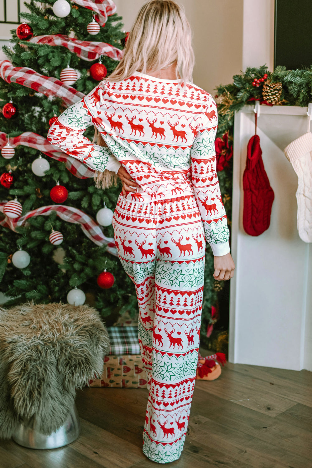 Ensemble de détente pull et pantalon, imprimé de Noël, blanc, polyester et élasthanne, pour femme 8