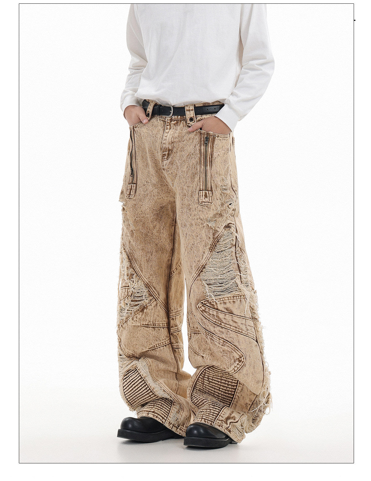 Pantalon en denim épais abricot à plis pour homme, coupe droite street 8