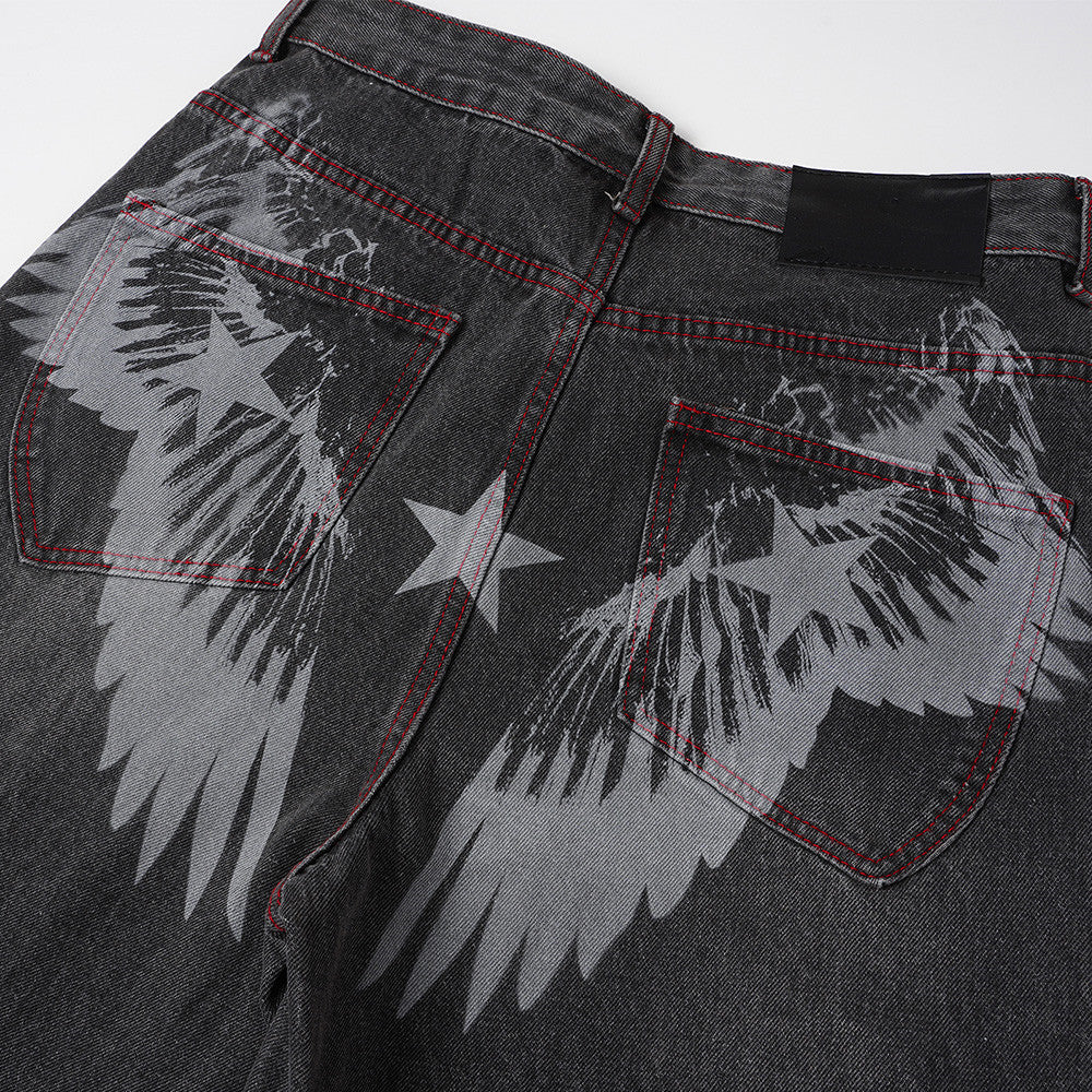 Jean droit délavé effet usé pour homme, imprimé ailes, style street 17