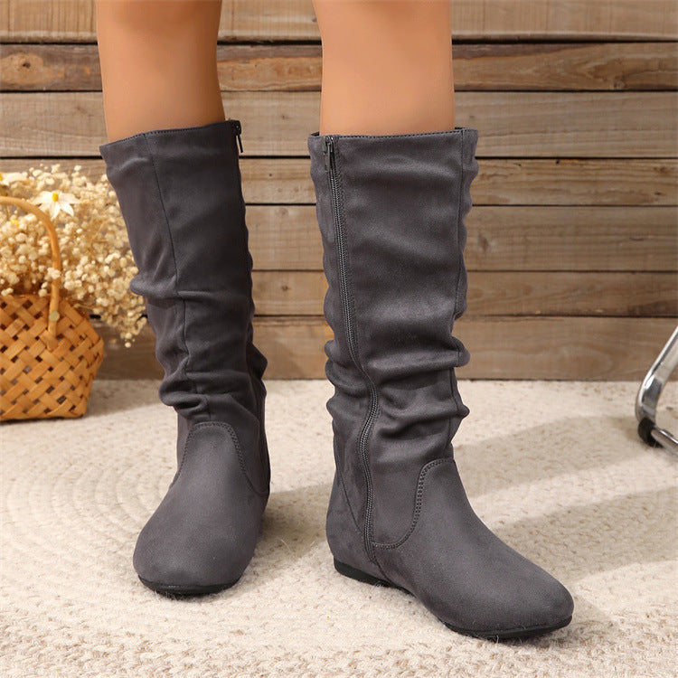 Bottes mi-mollet plates à tige plissée aspect daim – photo 5 – Frippin'Dealz