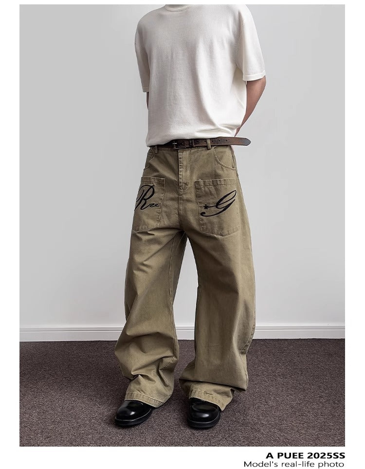 Pantalon cargo en denim rétro brodé de lettres pour homme, coupe droite déstructurée légèrement évasée 14