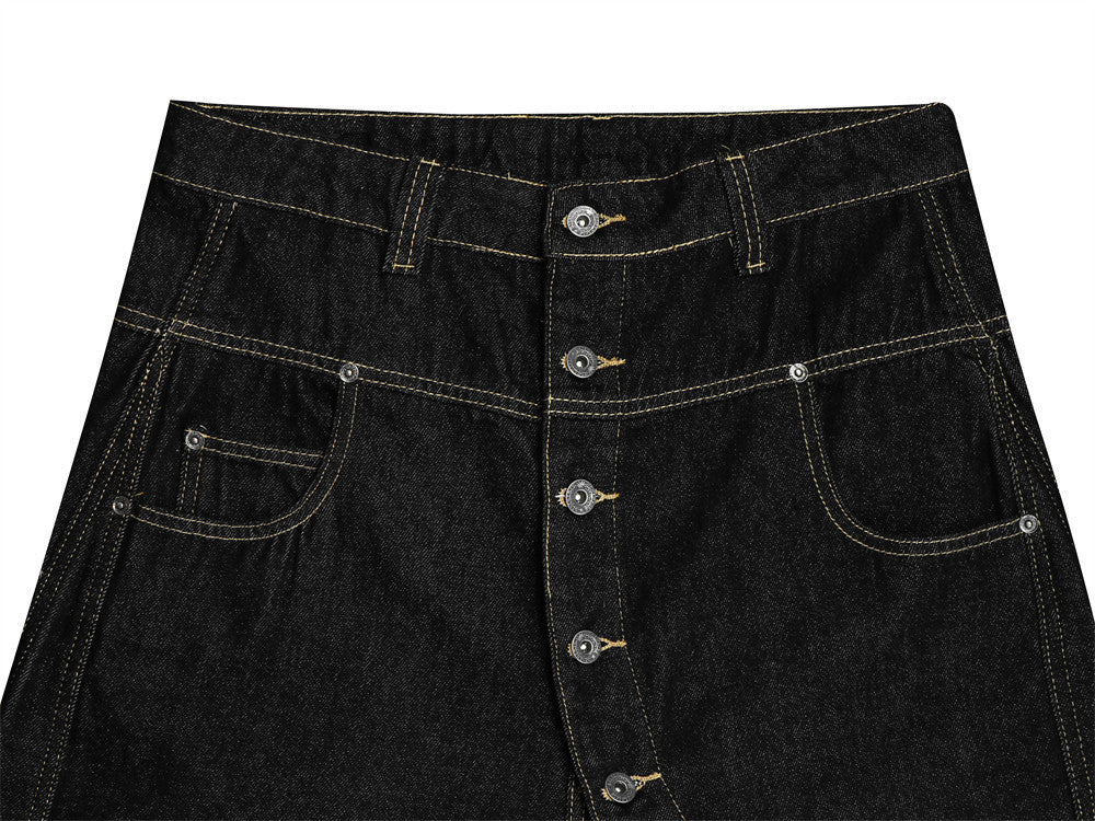 Pantalon carotte en denim brut déstructuré pour homme, empiècements en biais et coutures contrastées 11
