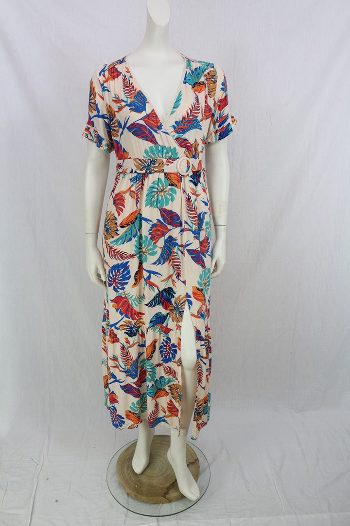 Robe longue Grace & Mila viscose beige motif tropical L