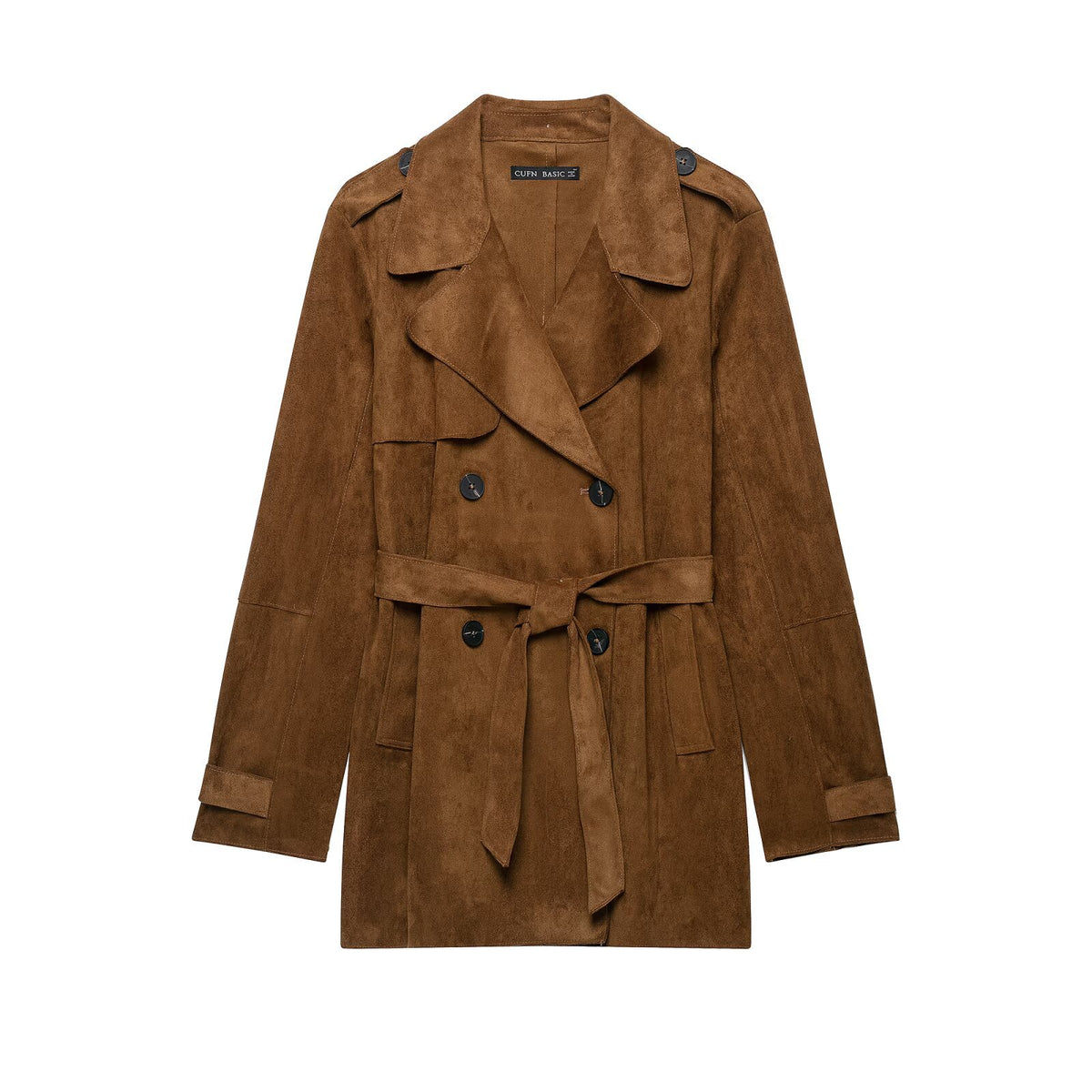 Trench effet daim à revers et ceinture, double boutonnage, marron 5