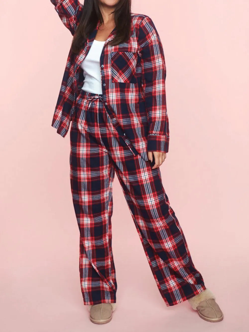 Ensemble de détente à carreaux, haut boutonné à col et pantalon assorti, deux pièces, pour femme, 3 coloris 12