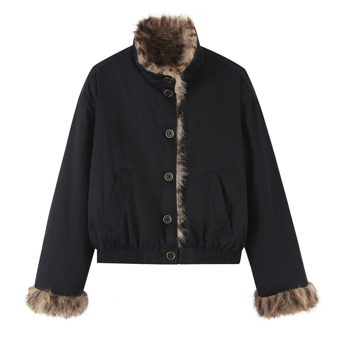 Veste en fausse fourrure double face à col montant, noir ou marron clair 3