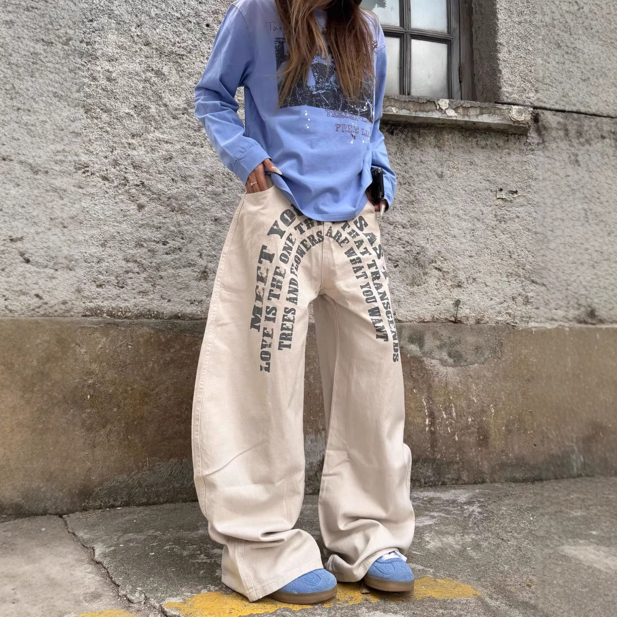 Pantalon large en denim imprimé lettres pour homme et femme, style street décontracté 4