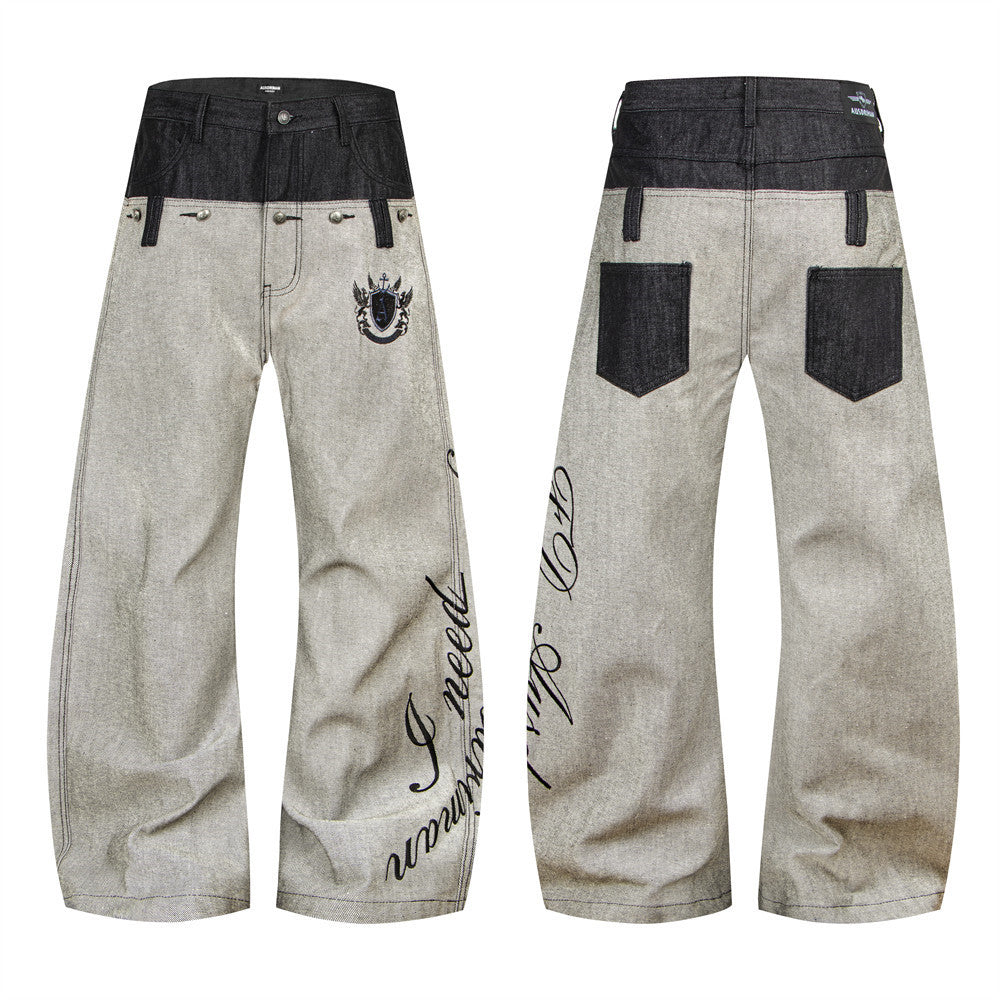 Jean sabre pour homme, ceinture à empiècements, broderie cursive et poches contrastées 8