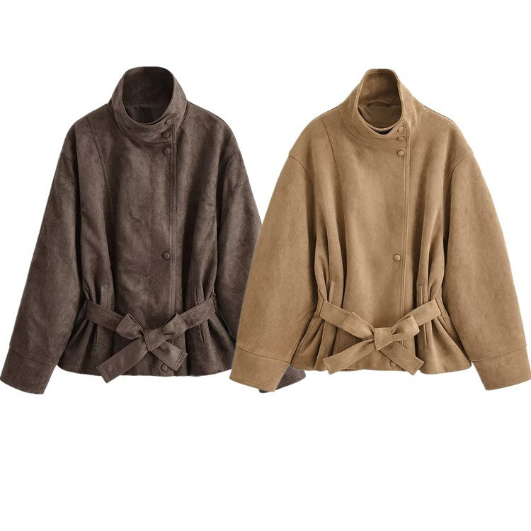 Veste courte effet daim à col montant, boutonnage simple et poches, coupe ajustée, pour femme 3