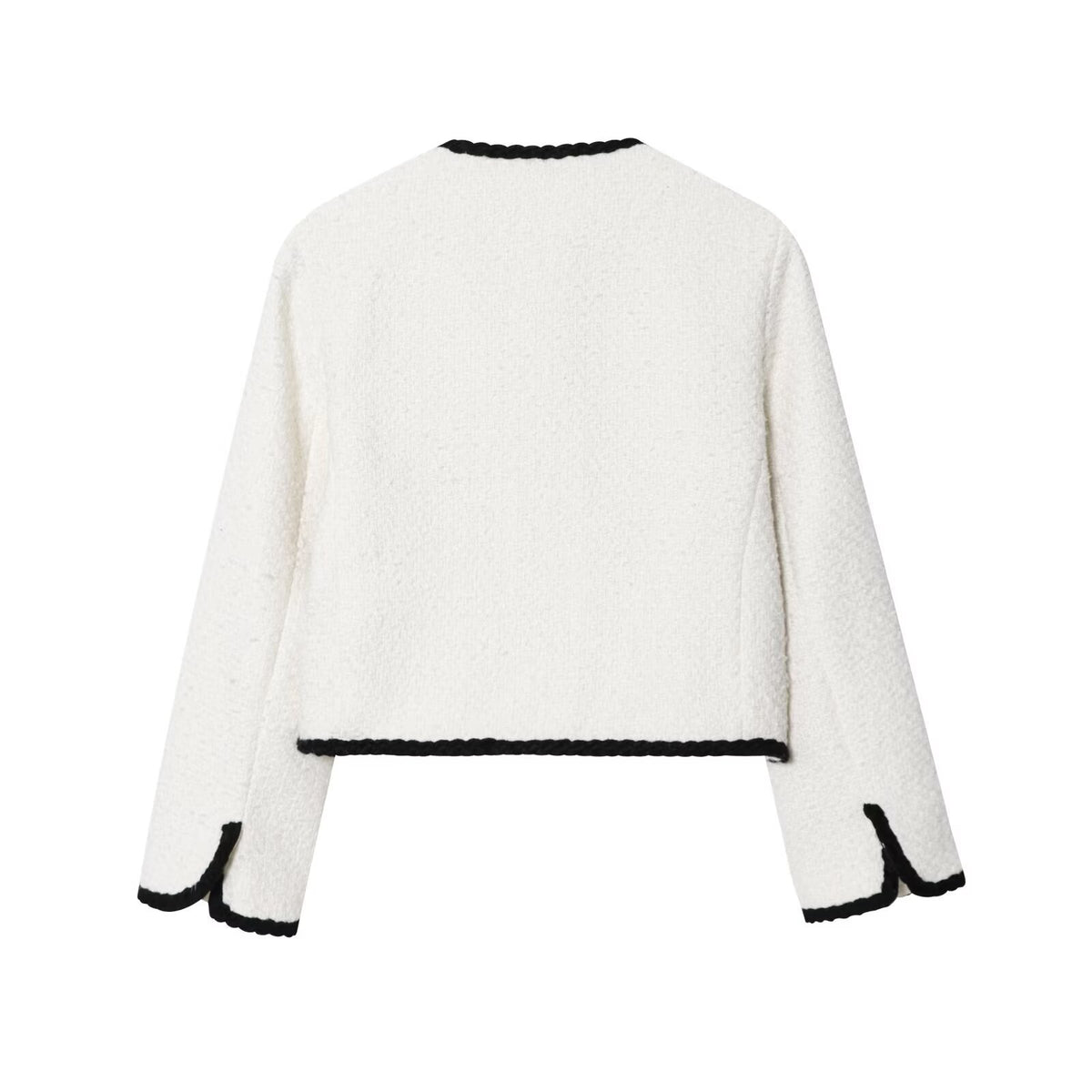 Manteau court style tailleur à col rond, bordures duveteuses et boutonnage simple, pour femme 4