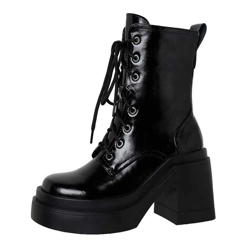 Bottines à plateforme et talon épais en cuir de vache pour femme, marron ou noir 3