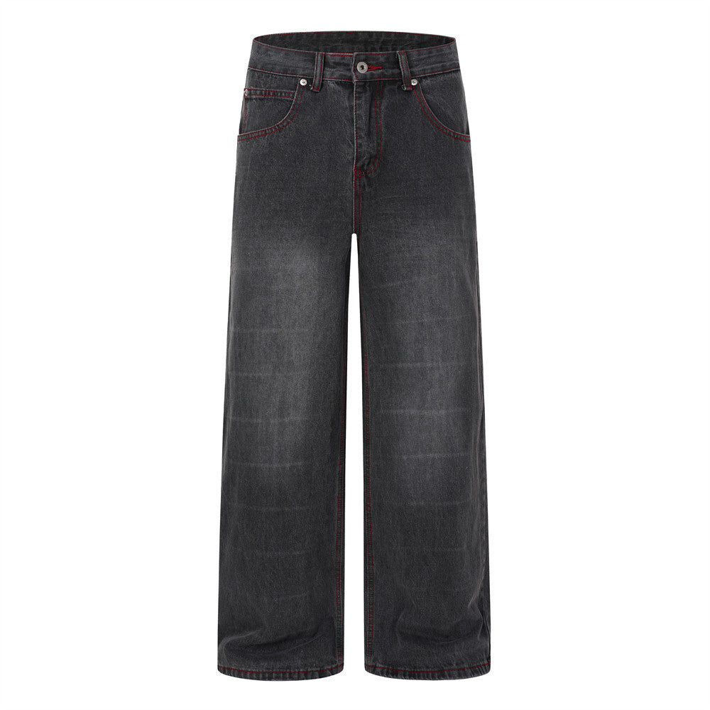 Jean droit délavé effet usé pour homme, imprimé ailes, style street 7