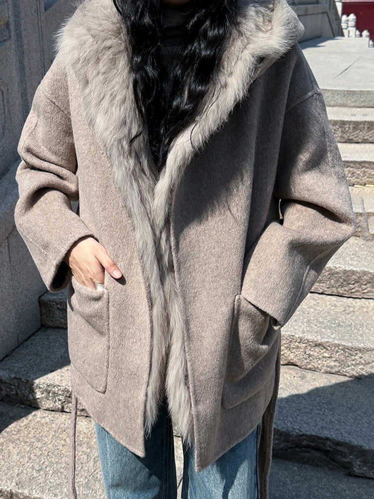 Manteau en laine à capuche et ceinture, coupe ample, uni, pour femme, café 7