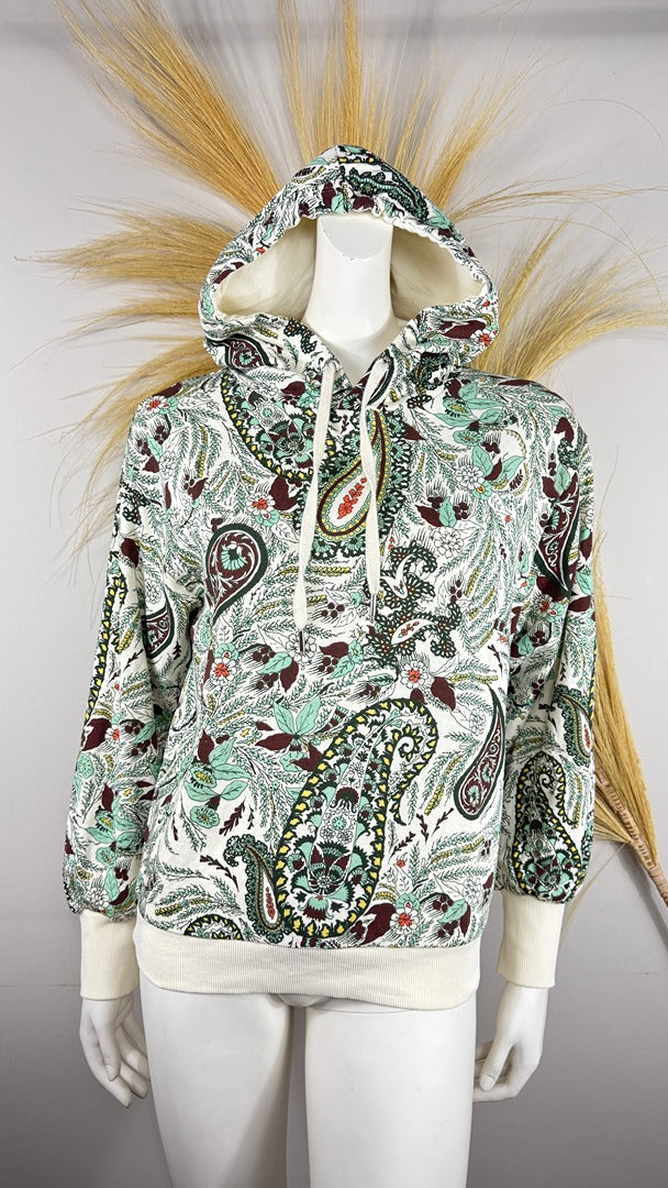 Sweat à capuche Salsa motif cachemire vert crème S boheme chic 1