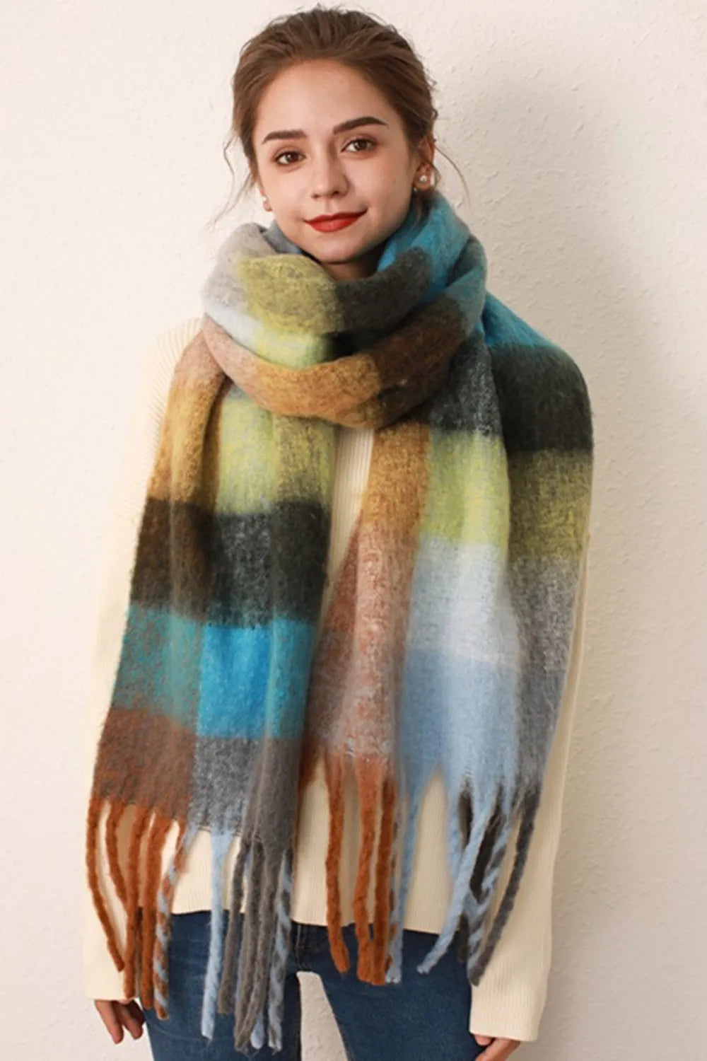 Écharpe longue à carreaux contrastés avec franges, 210 x 35 cm, chaude, en polyester, mixte, 6 coloris 3