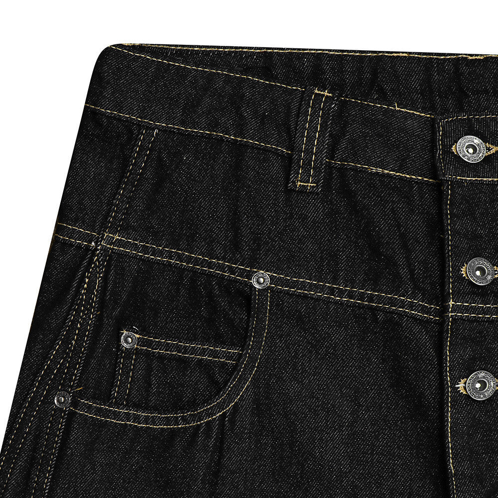 Pantalon carotte en denim brut déstructuré pour homme, empiècements en biais et coutures contrastées 13