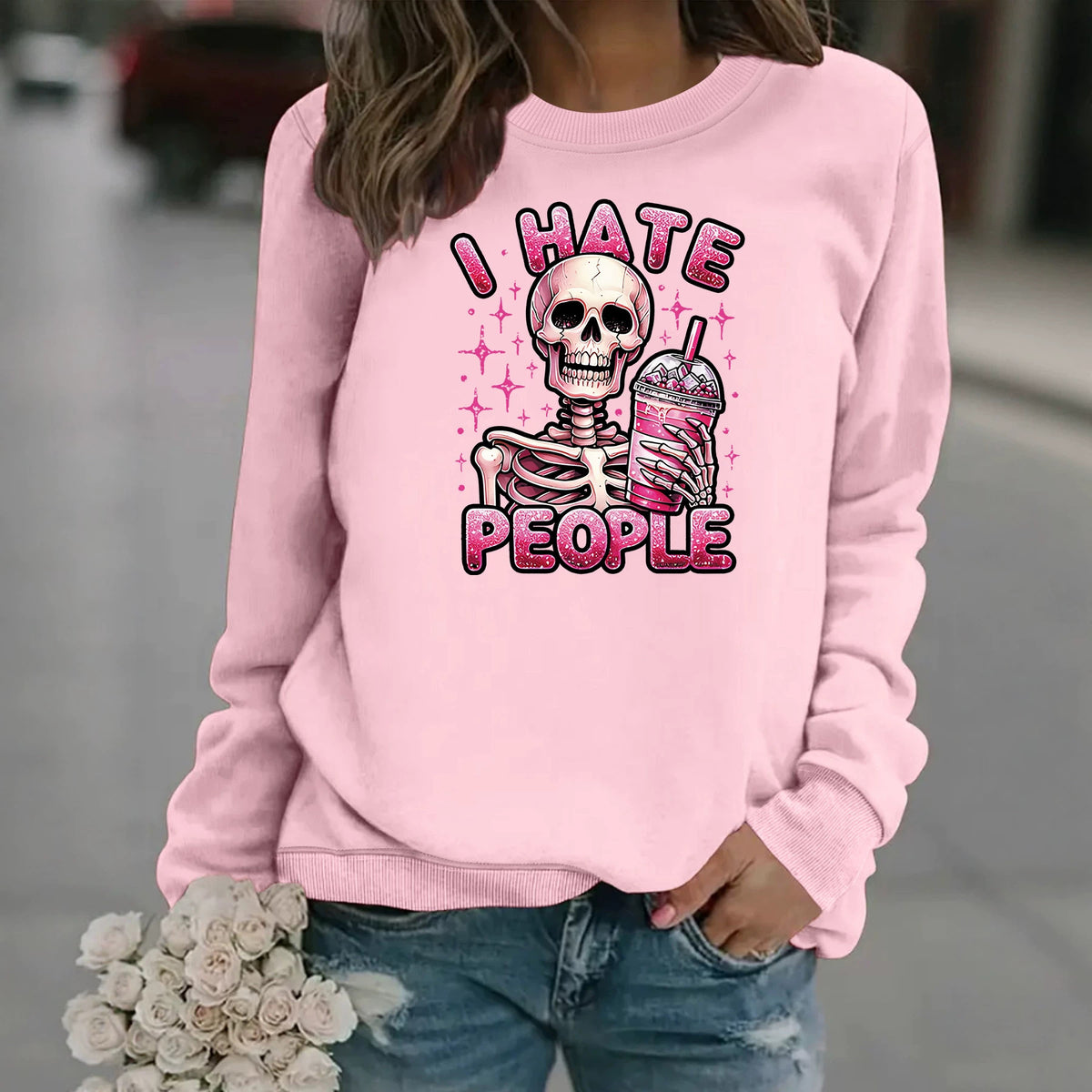 Sweat ample sans capuche à col rond, imprimé transfert thermique, manches lanternes, pour femme, 7 coloris 3