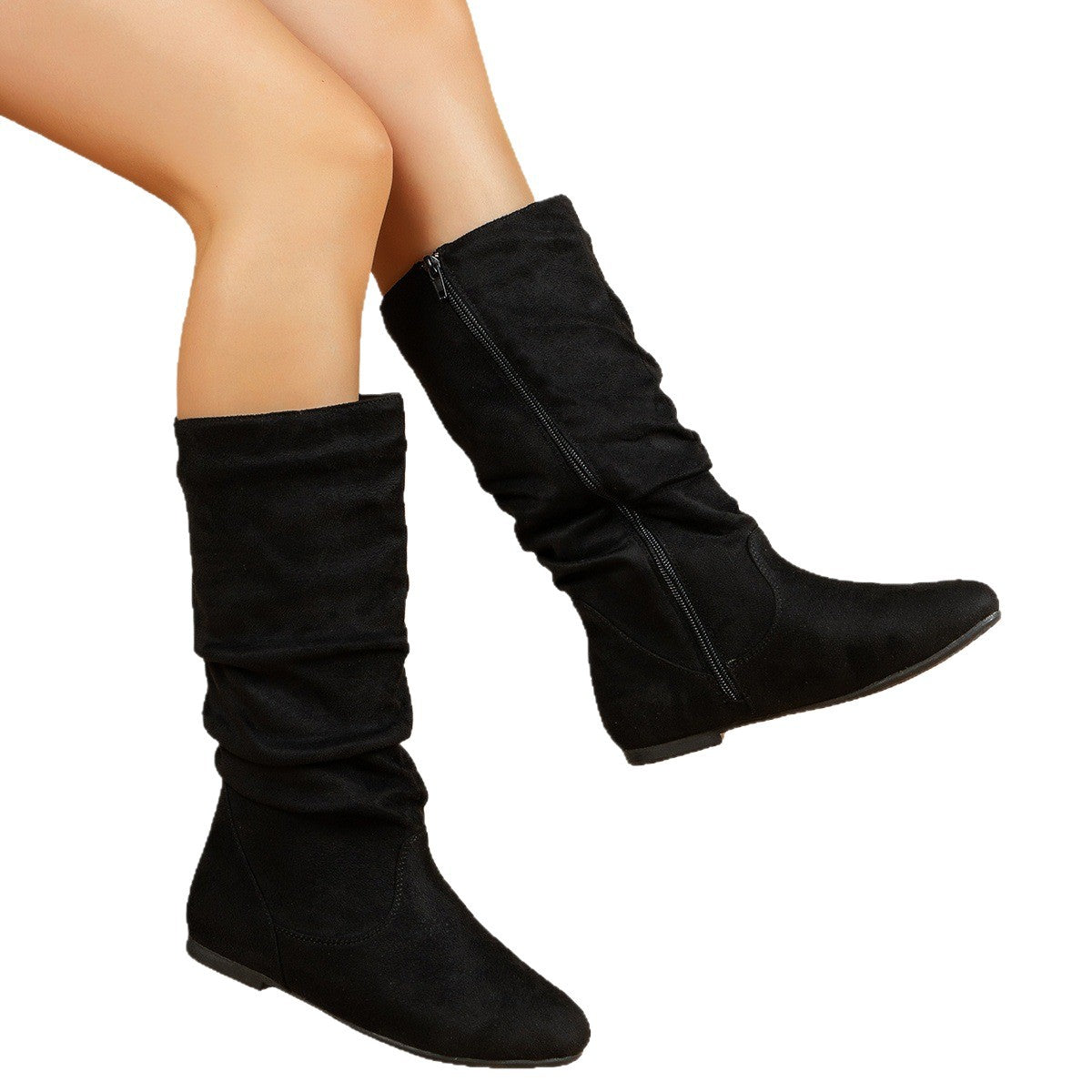 Bottes mi-mollet plates à tige plissée aspect daim – photo 2 – Frippin'Dealz