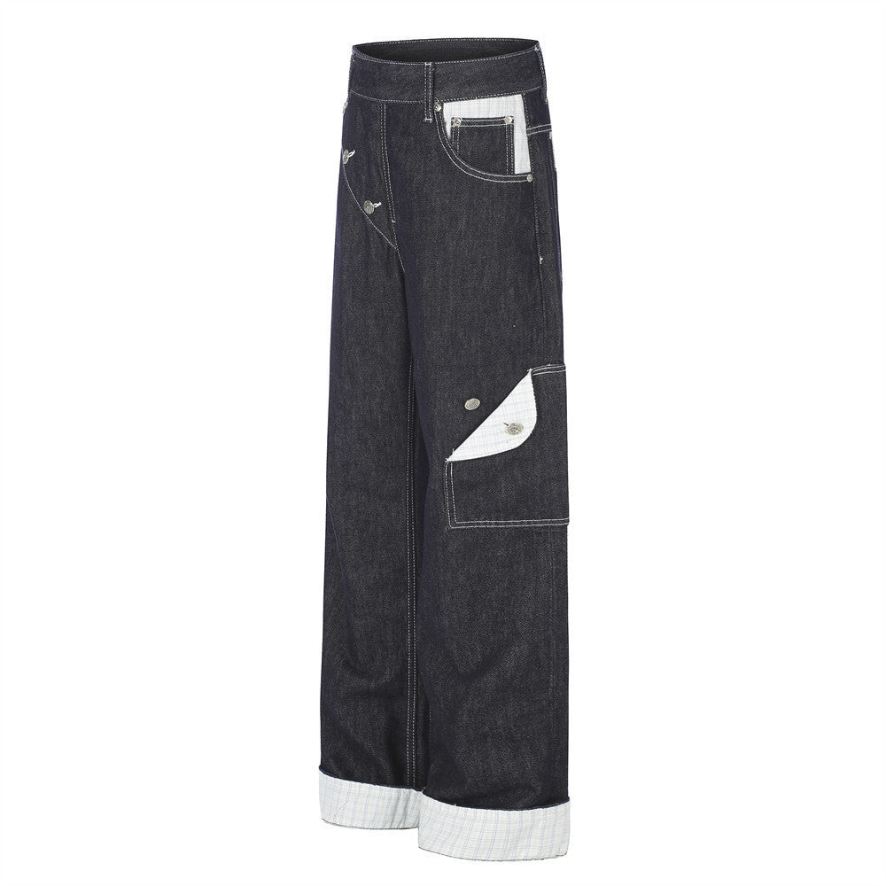 Jean droit à revers pour homme, patchwork à carreaux et boutons en biais 10