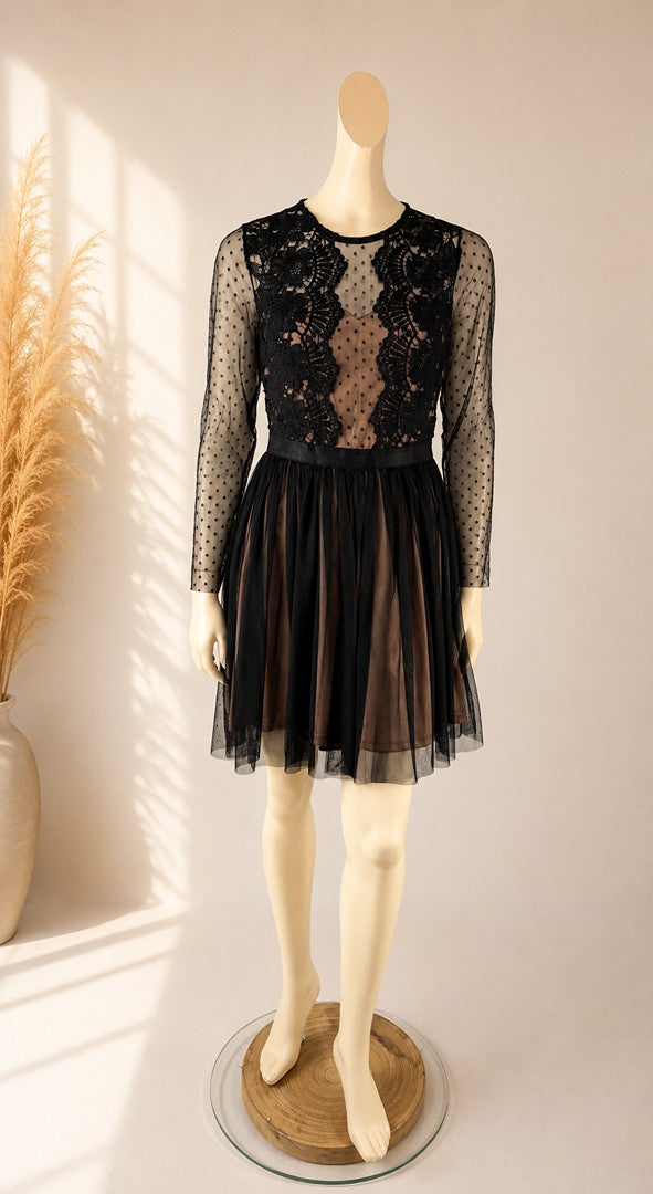Robe patineuse Lily Mcbee noire et nude tulle dentelle L coquette