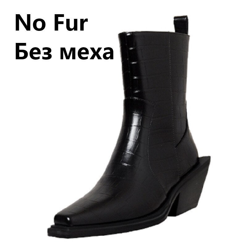 Bottines en cuir à talon épais et bout carré, zip latéral, style rétro, pour femme 28