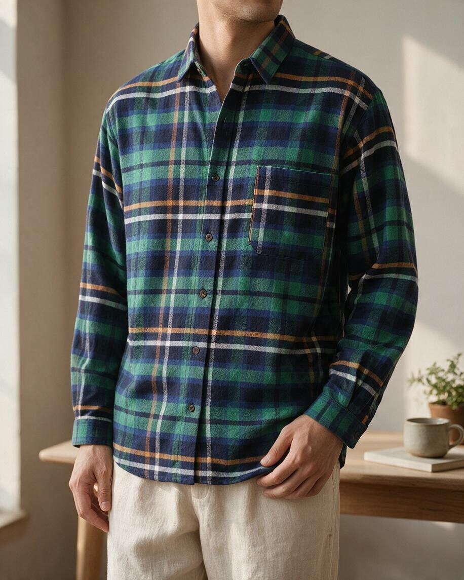 Falino Chemise à carreaux en flanelle de coton vert et marine 38 2