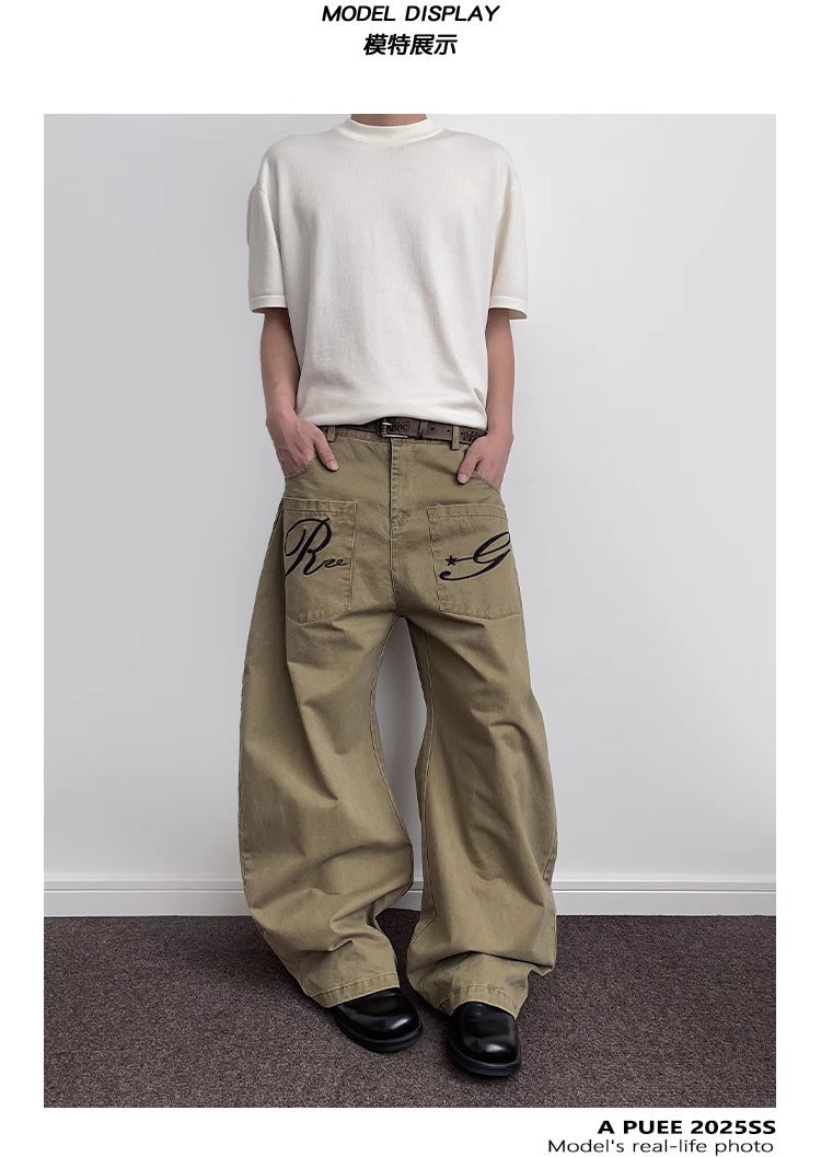 Pantalon cargo en denim rétro brodé de lettres pour homme, coupe droite déstructurée légèrement évasée 9