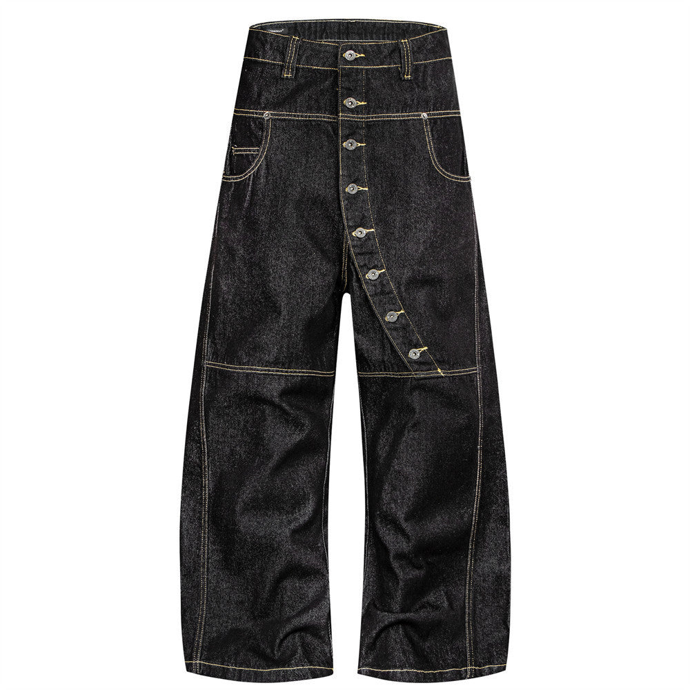 Pantalon carotte en denim brut déstructuré pour homme, empiècements en biais et coutures contrastées 8
