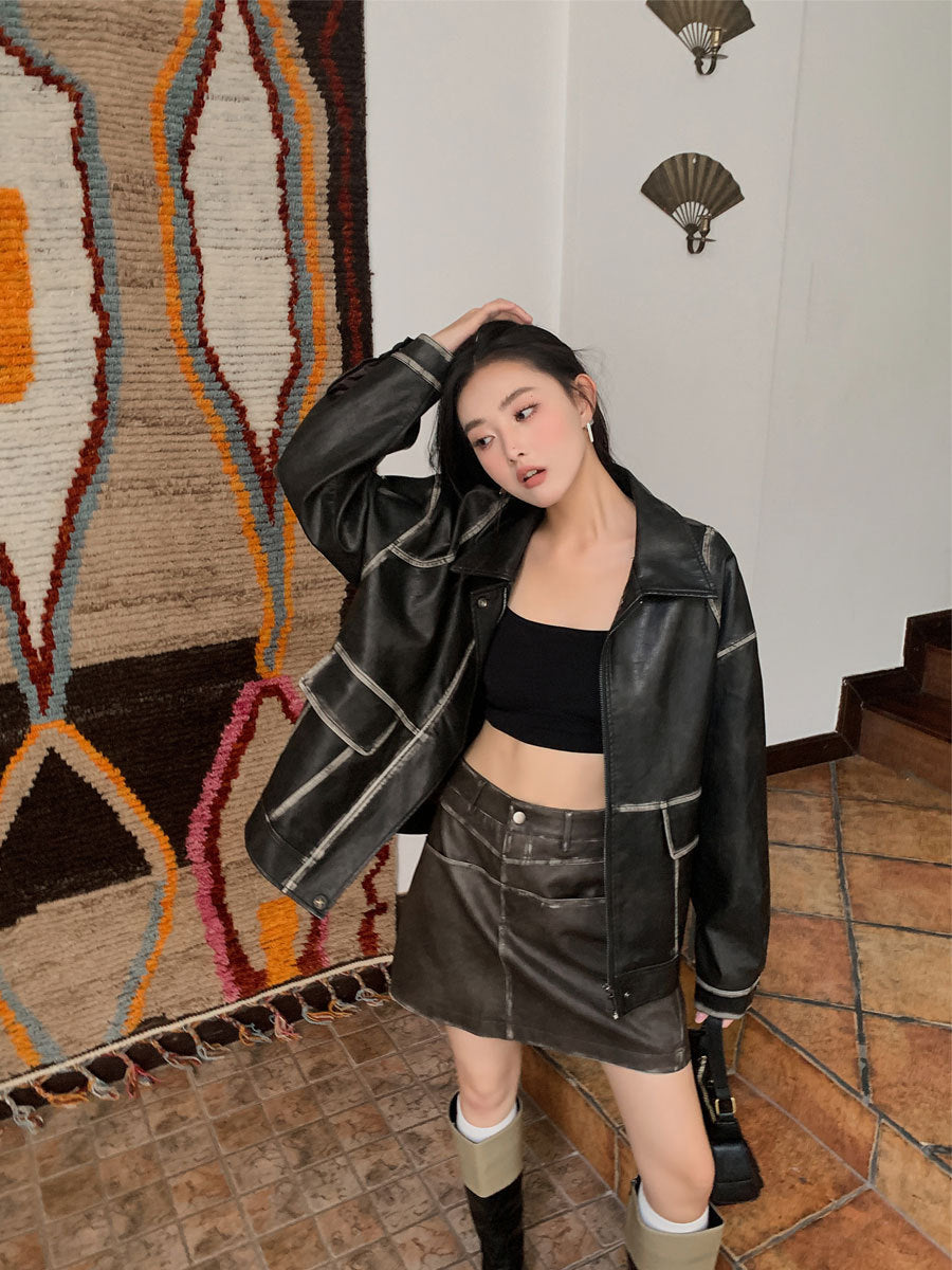 Veste oversize en simili cuir noir vieilli – photo 4 – Frippin'Dealz