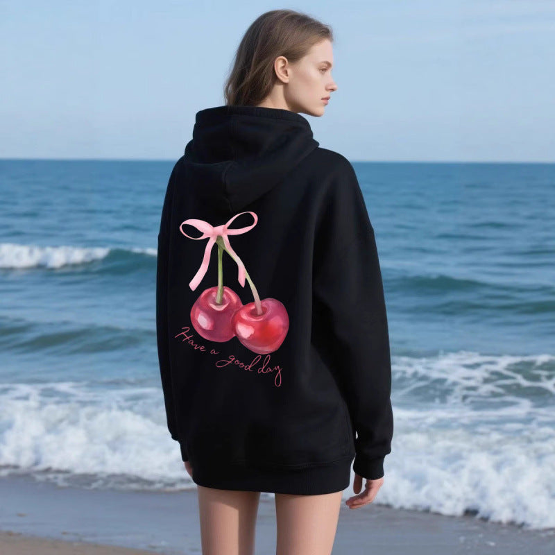 Sweat à capuche unisexe ample imprimé cerises 3