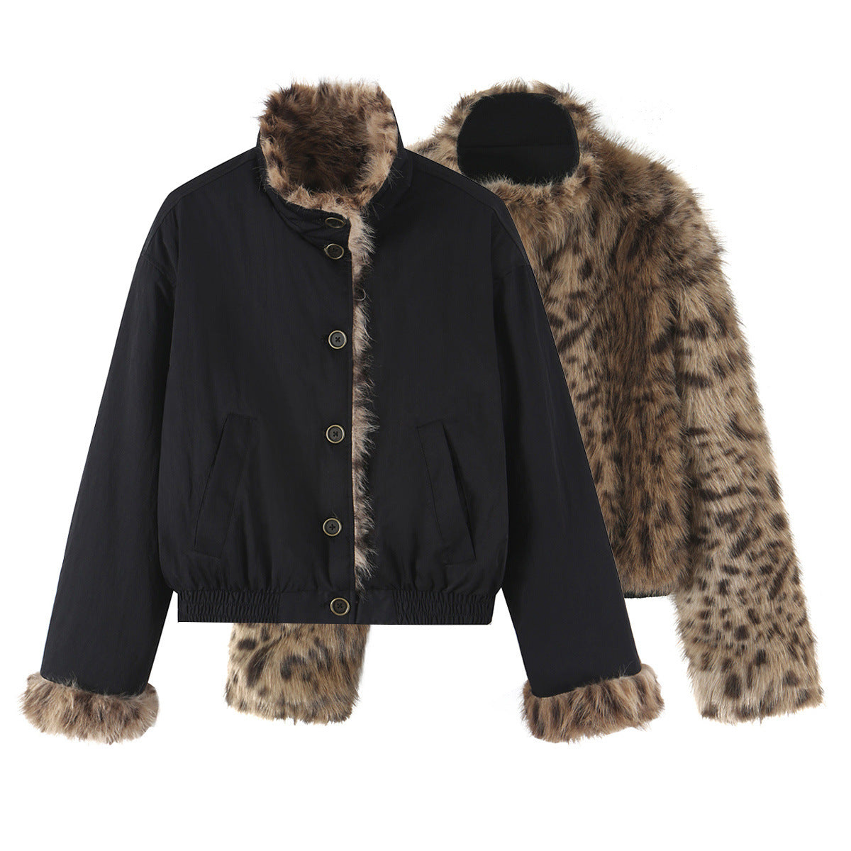 Veste en fausse fourrure double face à col montant, noir ou marron clair