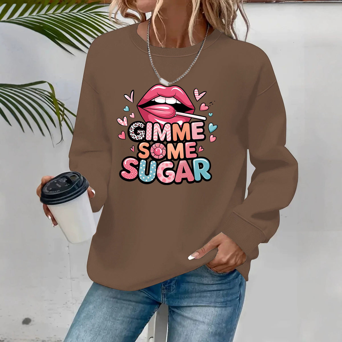Sweat-shirt col rond style citadin, manches lanternes, imprimé thermocollé, coupe ample, pour femme, 4 coloris 6