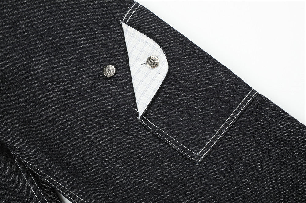 Jean droit à revers pour homme, patchwork à carreaux et boutons en biais 15
