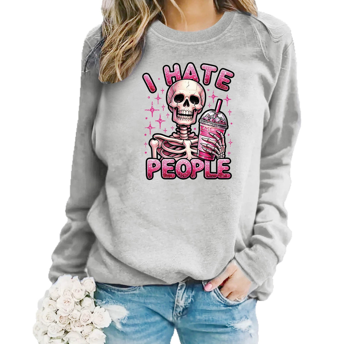 Sweat ample sans capuche à col rond, imprimé transfert thermique, manches lanternes, pour femme, 7 coloris